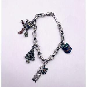 VINTAGE MERRY CHRISTMAS Rhinestone CHARM BRACELET Gift, Tree Candy Cane 2J3